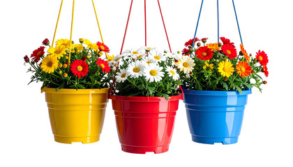 Three colorful hanging flower pots with vibrant blooms against a transparent background