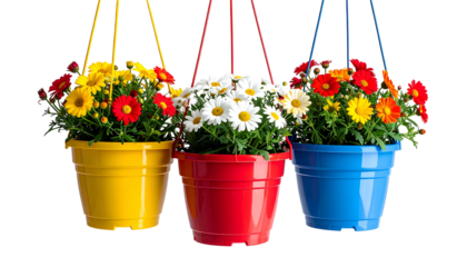 Three colorful hanging flower pots with vibrant blooms against a transparent background