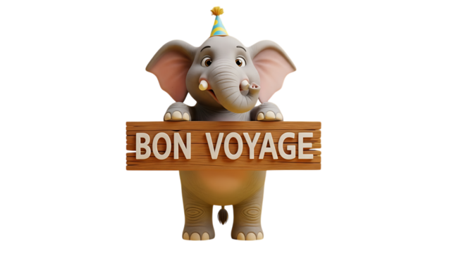 Cute cartoon elephant wishes you Bon Voyage with a party hat, ready for travel adventures and holiday fun