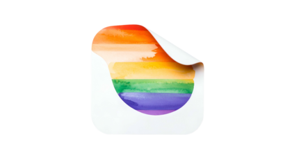 A sticker with peeling corner, showcasing a watercolor rainbow design on a black background