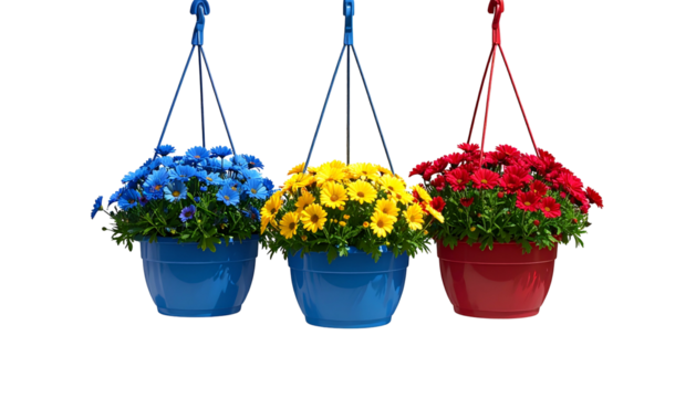 Three vibrant hanging flower baskets in primary colors against a stark black backdrop