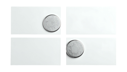 Two metal discs, each on a blank rectangular card in a 2x2 grid, creating an abstract display