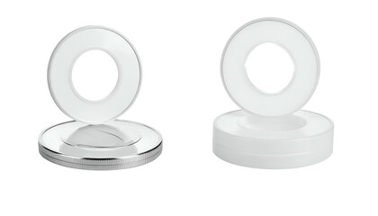 Two white circular objects with an open center, one with metallic rim, levitating
