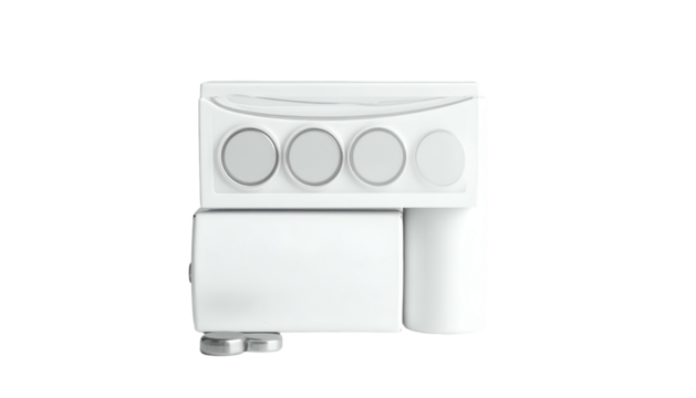 White, modern device with four circular controls and a cylindrical element, against black backdrop