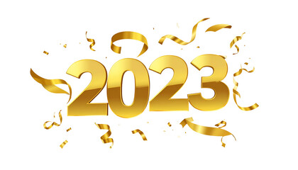 Gleaming gold numerals 2023 with ribbons and confetti against a black background