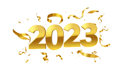 Gleaming gold numerals 2023 with ribbons and confetti against a black background