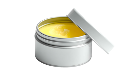 A small open metal tin with a yellow, textured cream. Lid propped open beside it