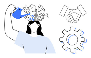 Woman watering flowers growing from head, symbolizing growth. Handshake symbolizing collaboration, gear for productivity. Ideal for self-growth, mindfulness, teamwork, productivity, development