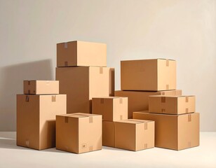 Fototapeta premium Assortment of brown cardboard boxes stacked on neutral backdrop