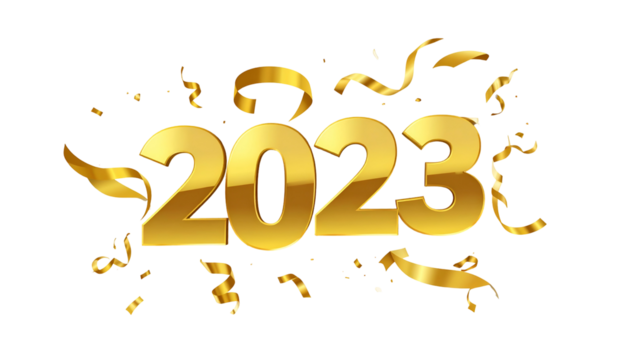 Gleaming gold numerals 2023 with ribbons and confetti against a black background