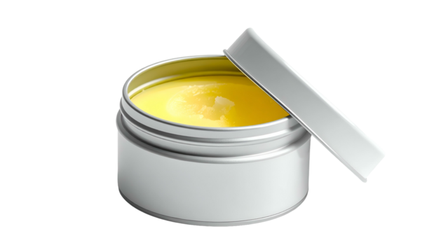 A small open metal tin with a yellow, textured cream. Lid propped open beside it