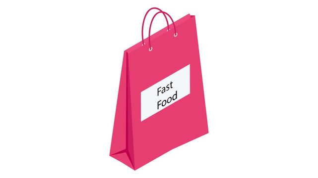 A colorful fast food shopping bag, featuring a logo, placed on a surface, indicating takeout food inside.