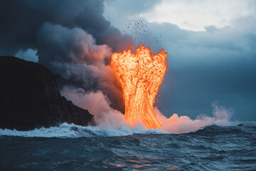 A lava fountain shooting into the sky from a mid-ocean volcano