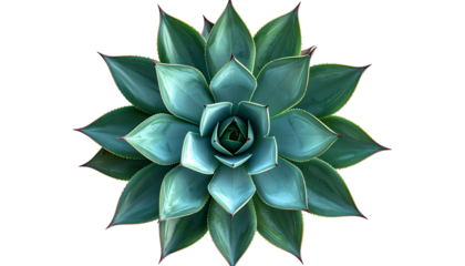 Overhead view of a symmetrical succulent plant with teal and green leaves, black background