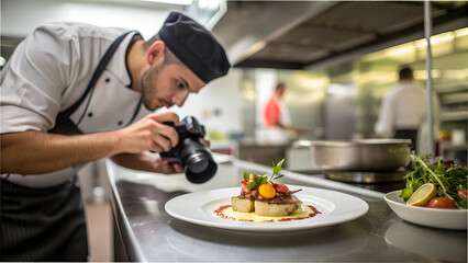 Professional chef capturing stunning dish presentation with DSLR camera in a bustling modern kitchen environment for culinary arts promotion