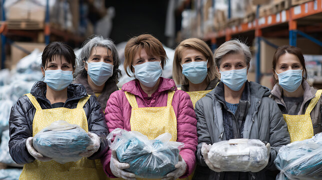 Group of volunteers with face masks on, providing aid during the pandemic