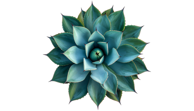 Overhead view of a symmetrical succulent plant with blue-green leaves, isolated on black