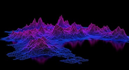 Abstract 3d landscape of mountains with vibrant neon pink and blue lights