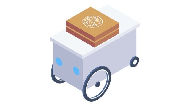 A wheeled cart holding a pizza box, suitable for delivery or serving purposes.