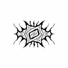 Abstract black and white tribal tattoo design with sharp edges and a central eye like motif