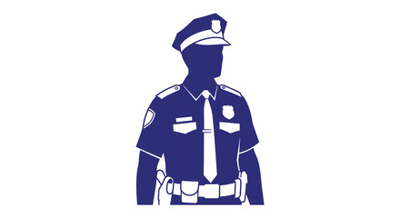 Silhouette of a police officer in uniform with badge and tie standing against a white background