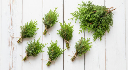 Fresh Christmas evergreen bundles tied with twine arranged on white wooden plank for work party new year end celebration and cozy holiday mood