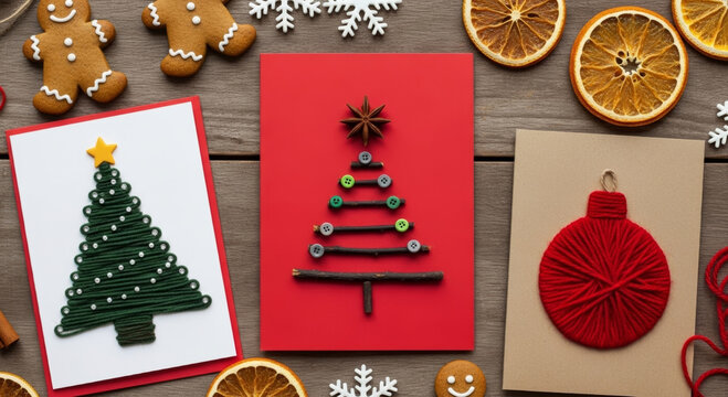 Handmade christmas card new year end work holiday craft with yarn button and twig tree ornament dried orange and gingerbread cookies cozy festive scene