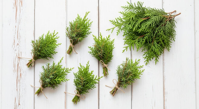 Fresh Christmas evergreen bundles tied with twine arranged on white wooden plank for work party new year end celebration and cozy holiday mood