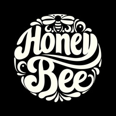 Artistic round honey bee logo design featuring stylized script typography and a cute bee illustration
