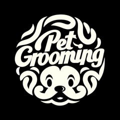 Charming pet grooming logo design featuring a stylized dog face and whimsical typography on black background