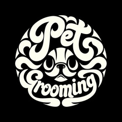 Creative circular typography logo featuring a stylized dog face for pet grooming services