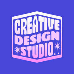 Creative design studio text logo with a retro wavy font and a pink gradient border on a blue background