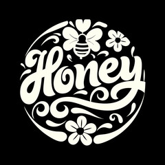 Decorative circle design featuring the word honey surrounded by stylized flowers and a bee illustration