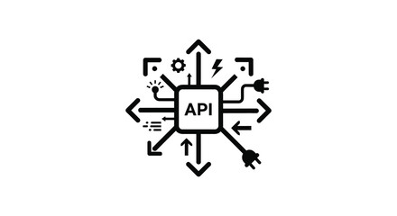 Abstract icon representing a central api processing unit with connections to various digital and electrical components