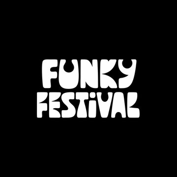 Bold white funky festival text in a retro groovy wavy font on a solid black background for music events