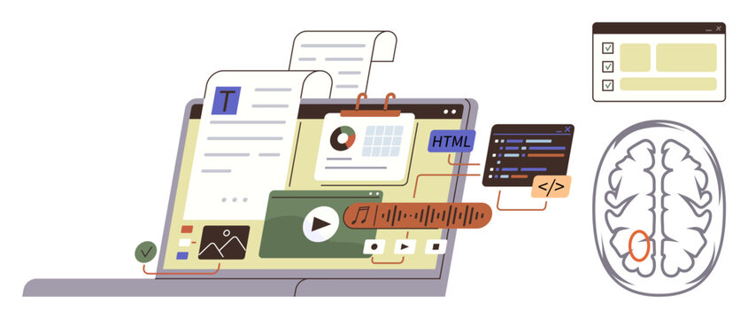 Laptop screen filled with web development, coding, and multimedia icons. Brain diagram symbolizing creative thinking, innovation, and technology. Ideal for tech, education, AI programming content