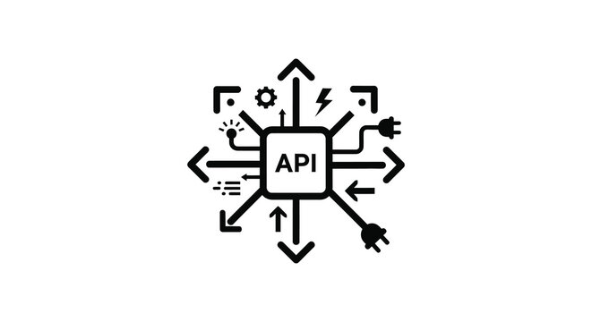 Abstract icon representing a central api processing unit with connections to various digital and electrical components