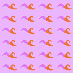 Playful abstract pattern with repeating orange and purple curved shapes on a soft lavender background