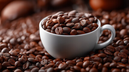 Fototapeta premium A close-up of a white cup and saucer overflowing with roasted coffee beans, symbolizing aroma, freshness, and the rich flavor of morning coffee.
