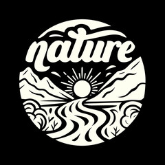 Stylized circular graphic featuring the word nature above a scenic landscape with mountains river and sun
