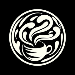 Stylized cream colored coffee cup with swirling steam forming a circular emblem on a black background