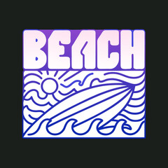 Stylized graphic design featuring the word beach with a surfboard and ocean waves under a radiant sun