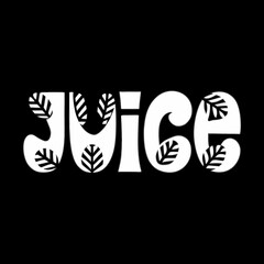 Stylized white word juice with decorative leaf patterns inside the letters on a black background