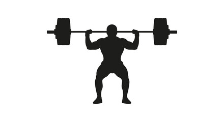 Silhouette of a muscular man performing an overhead barbell press exercise in a gym