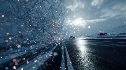 Dynamic winter scene with snow and ice on urban road evening light photographic view atmospheric perspective