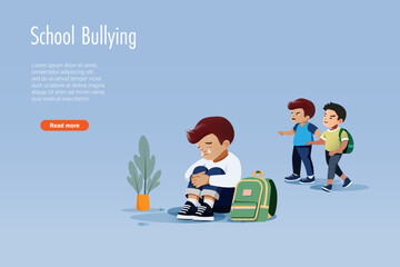 School bullying concept.  Little boy sitting alone and crying, feeling depressed from classmate bullying 