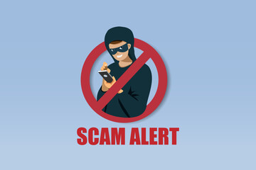 Scammer in stop sign using mobile phone online phishing, scamming victim users. Design and symbol for stop cyber attack and digital crime. Vector.