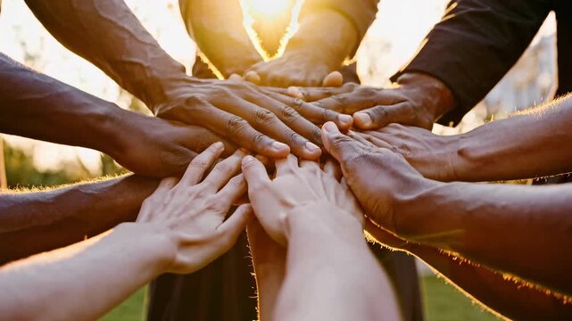 Low-angle shot of diverse hands united in a circle, symbolizing teamwork and unity, with sunlight filtering through. Ideal for a motivational video.