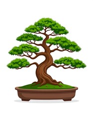 Cartoon illustration of a bonsai tree in a brown pot