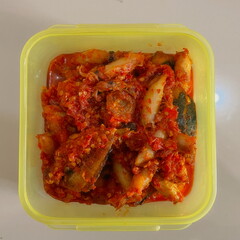 Spicy Indonesian seafood sambal in plastic food container (top view)